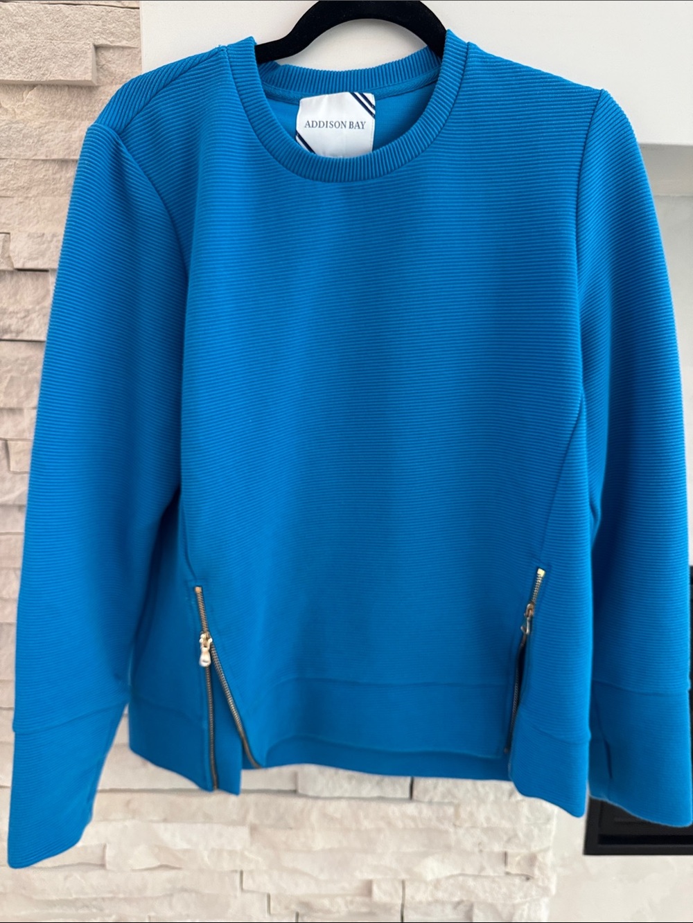 Addison Bay Bright Blue Ribbed Crew Sweater with Zip Design